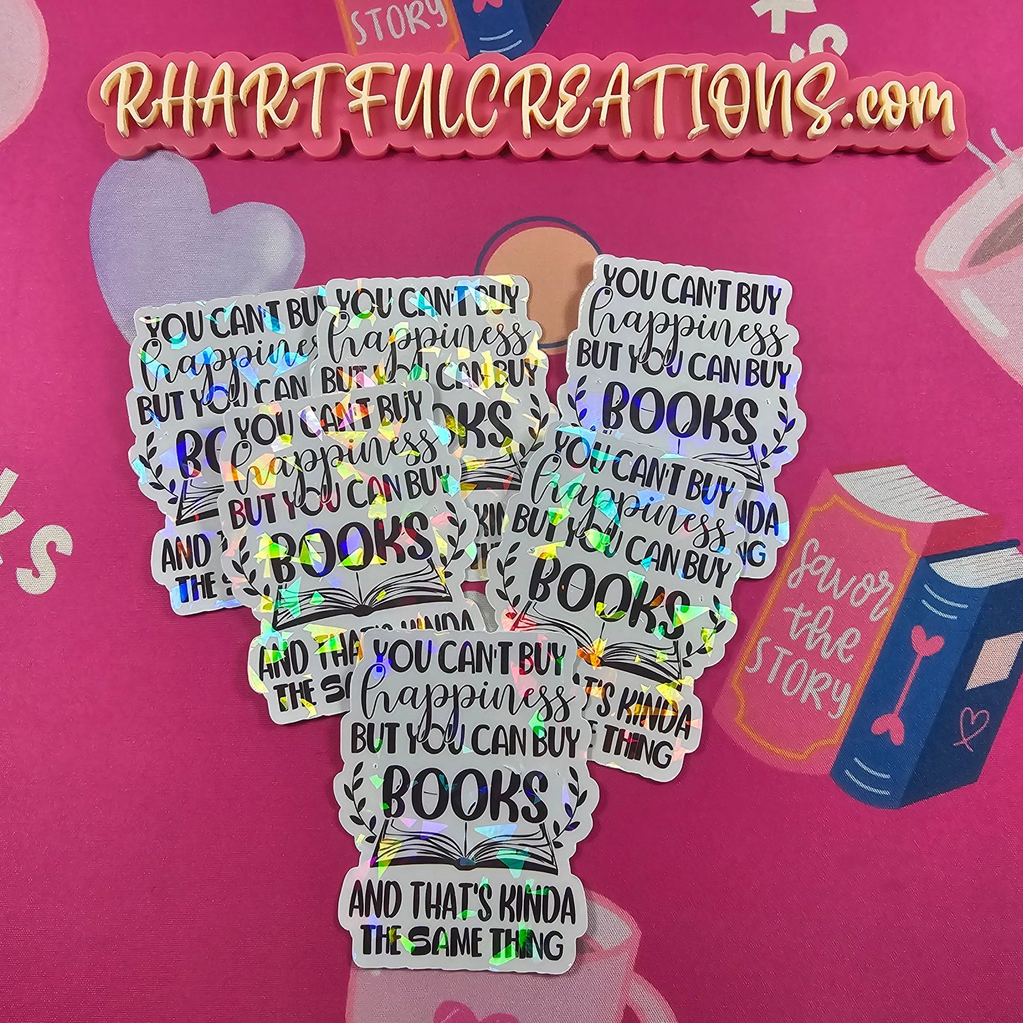 Sticker sheet with text on a pink background with book illustrations