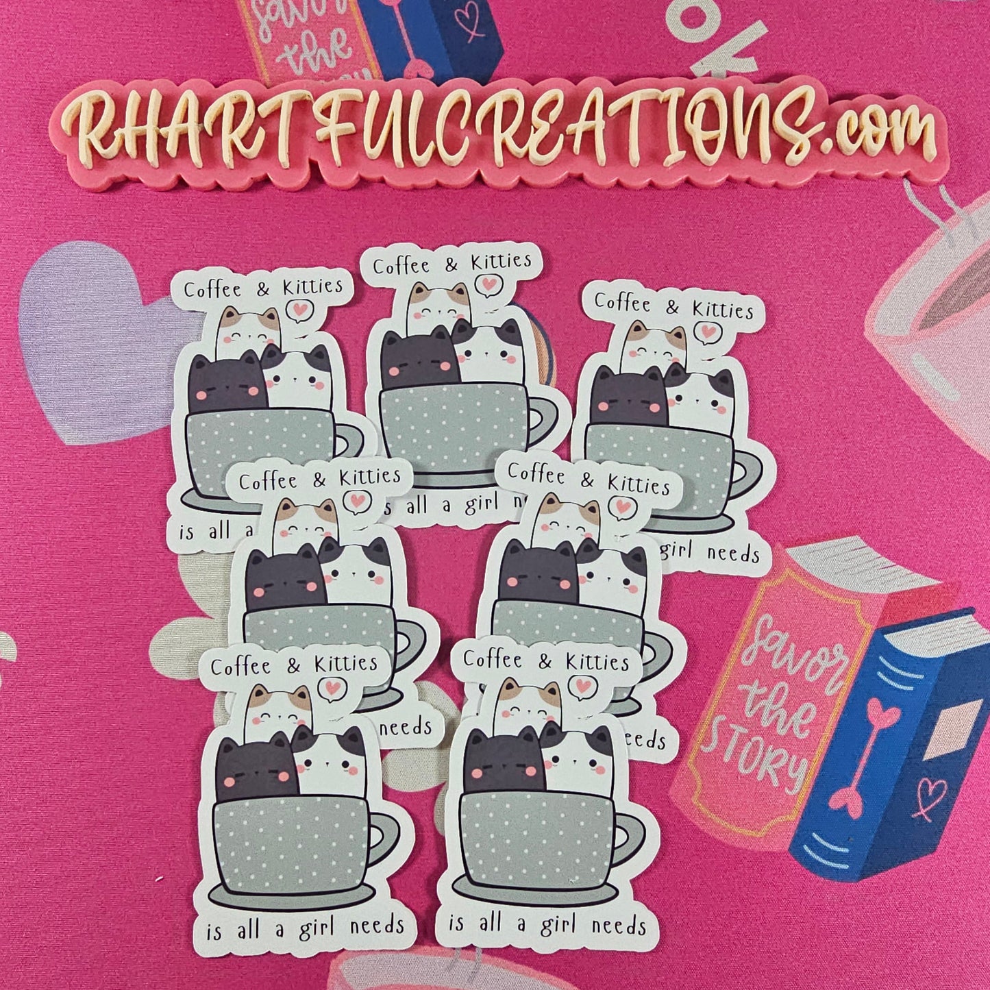 Sticker with cat and coffee design on a pink background with 'RHARTFULCREATIONS' branding.