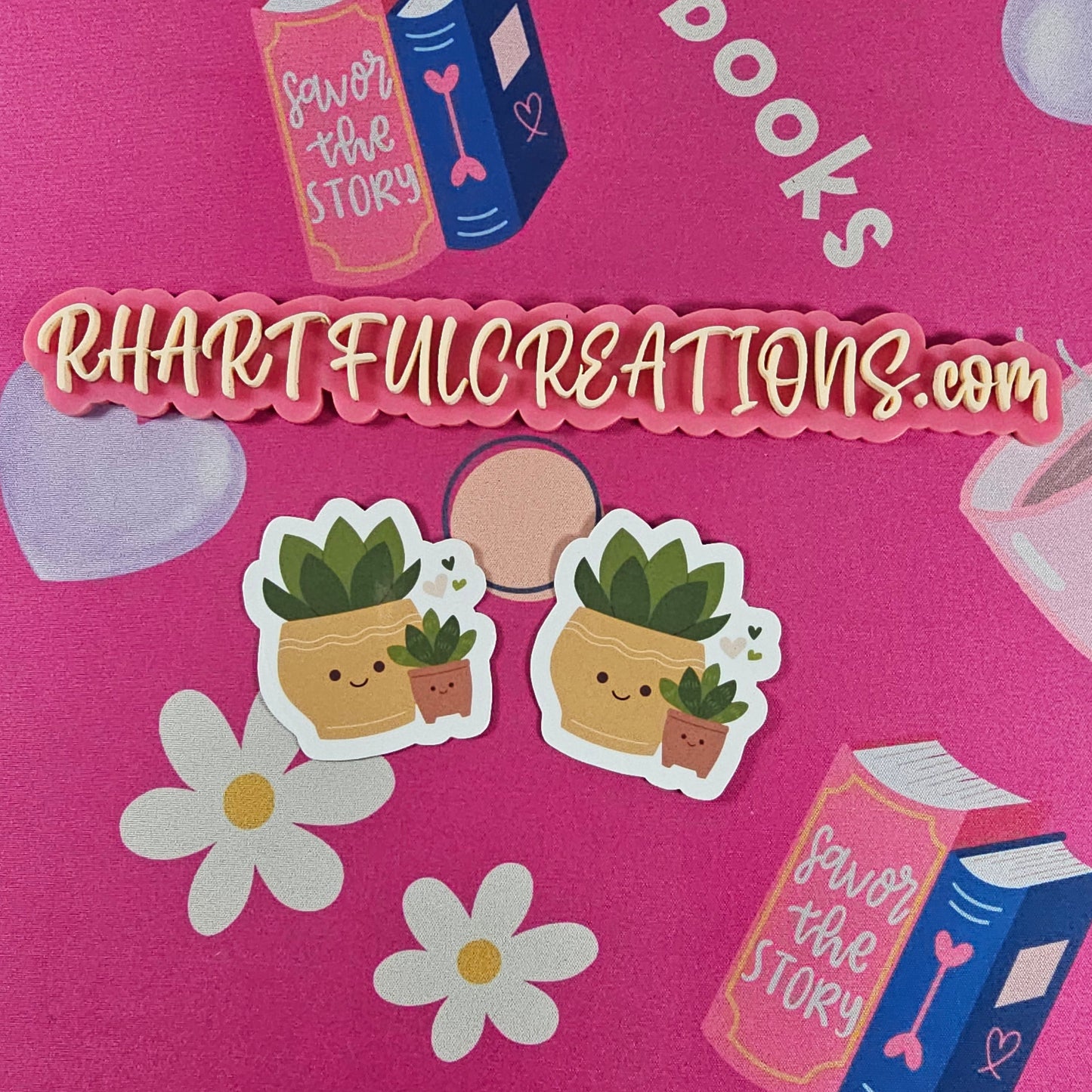Cute succulent sticker featuring smiling mama and baby potted plants with hearts handmade by RH Artful Creations.