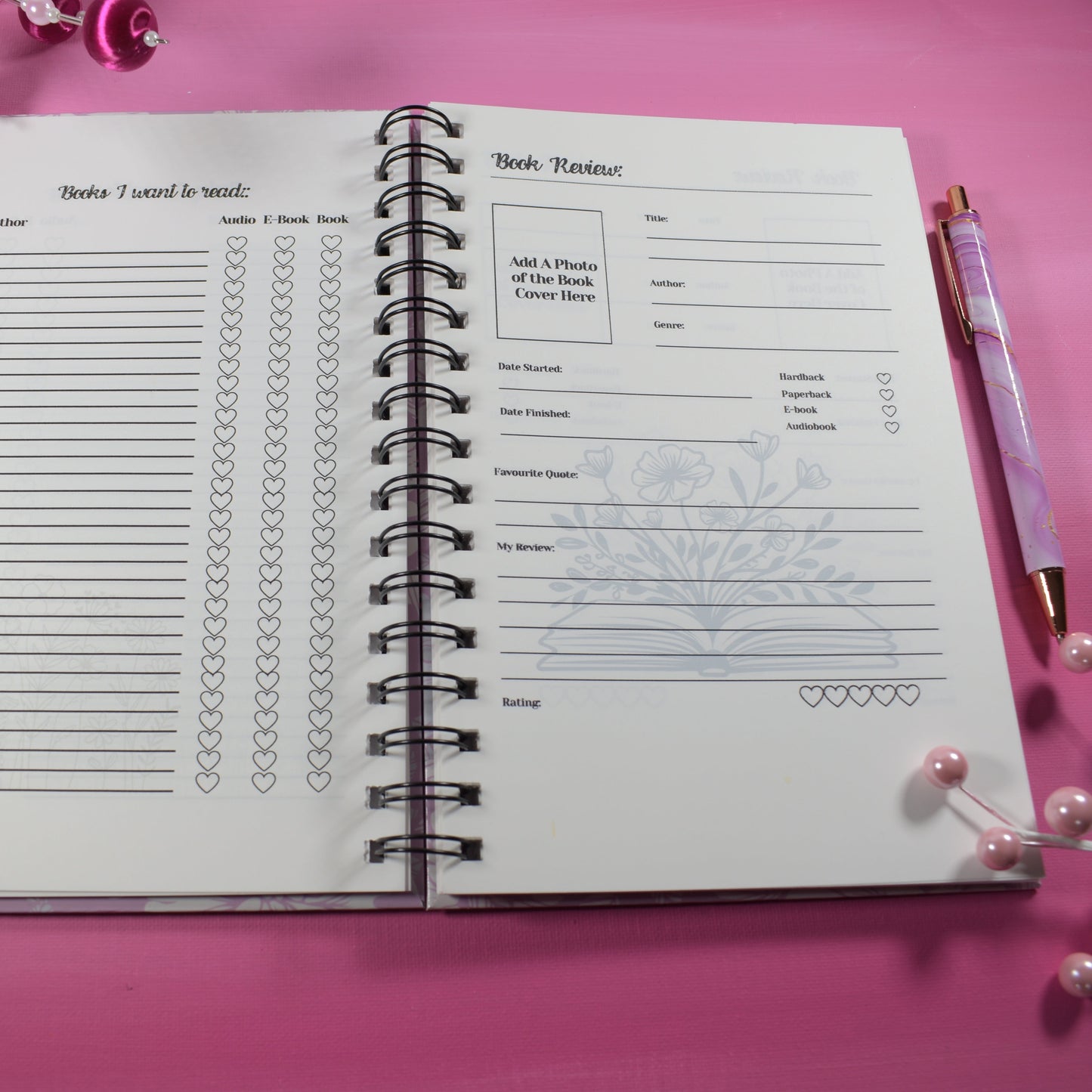 Romance Book Review Journal 9x6 | Handmade Reading Tracker + 100 Reviews | Pen + 5 Free Book Cover Stickers