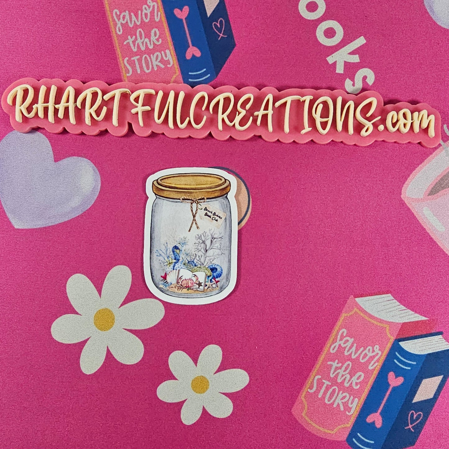 Beach Babes Book Club Jar Sticker featuring seashells, coral, and an open book in a mason jar, handmade coastal book lover design.