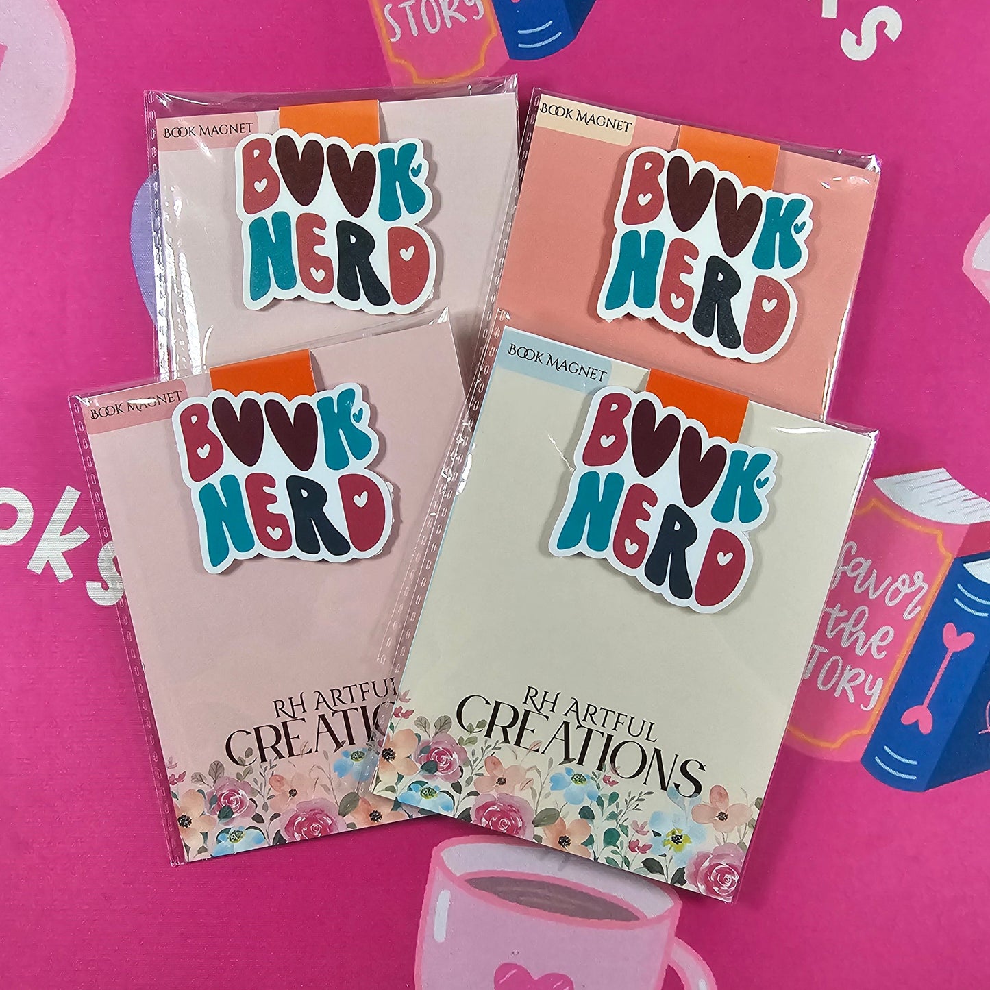 Notebooks with 'Book Nerd' design on a pink background with book-themed graphics.