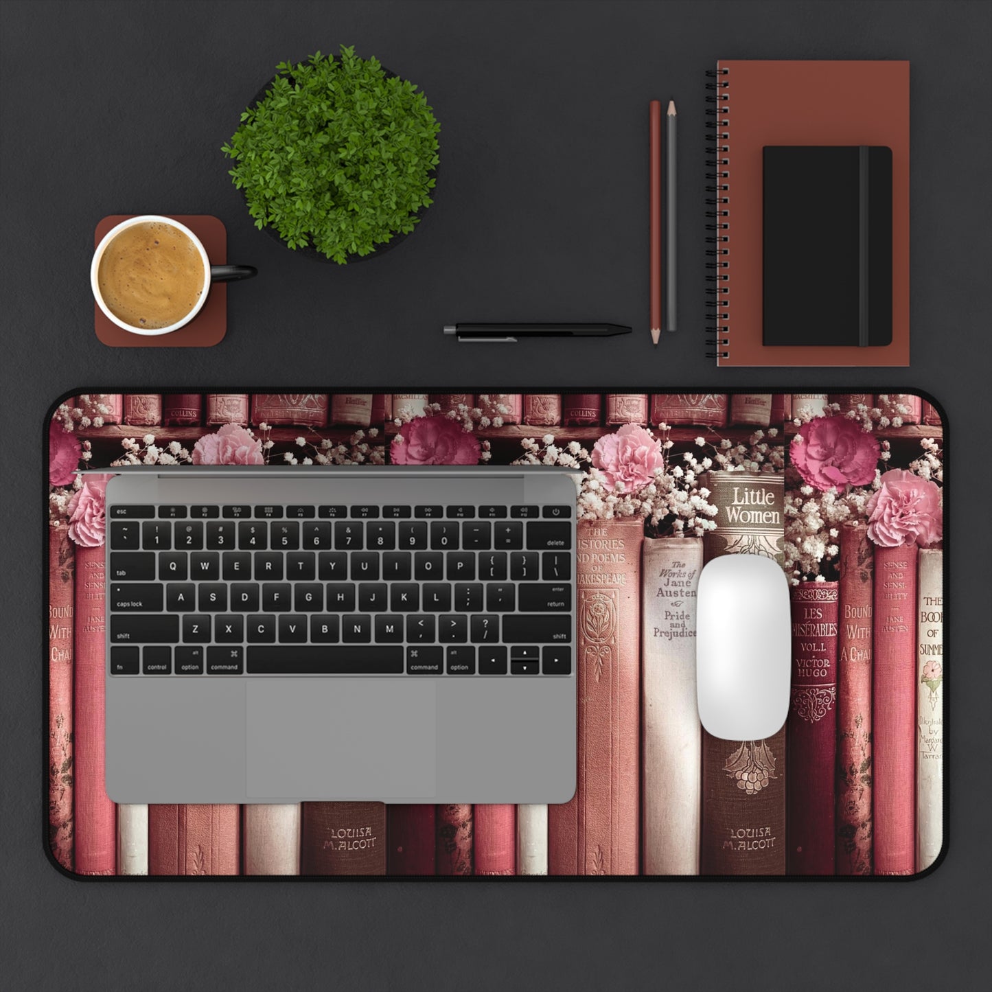 Vintage Book Spine Desk Mat | Pink Floral Bookish Mouse Pad (3 Sizes)
