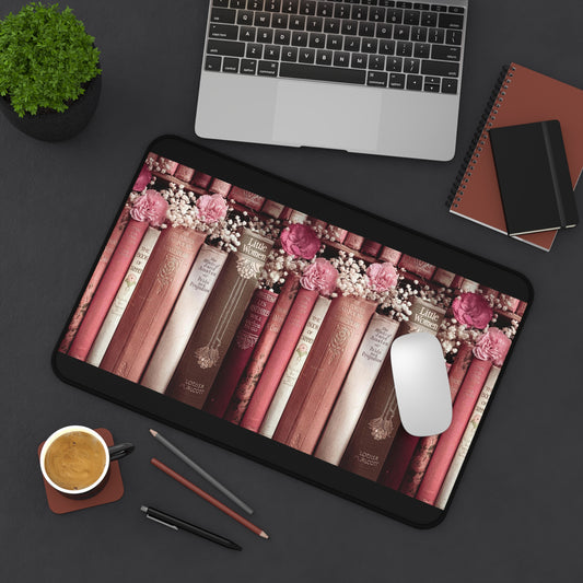 Vintage Book Spine Desk Mat | Pink Floral Bookish Mouse Pad (3 Sizes)