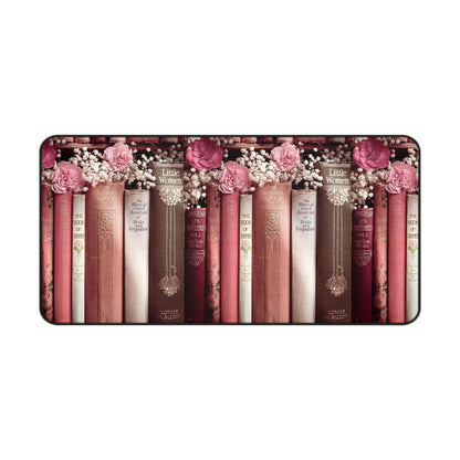 Vintage Book Spine Desk Mat | Pink Floral Bookish Mouse Pad (3 Sizes)
