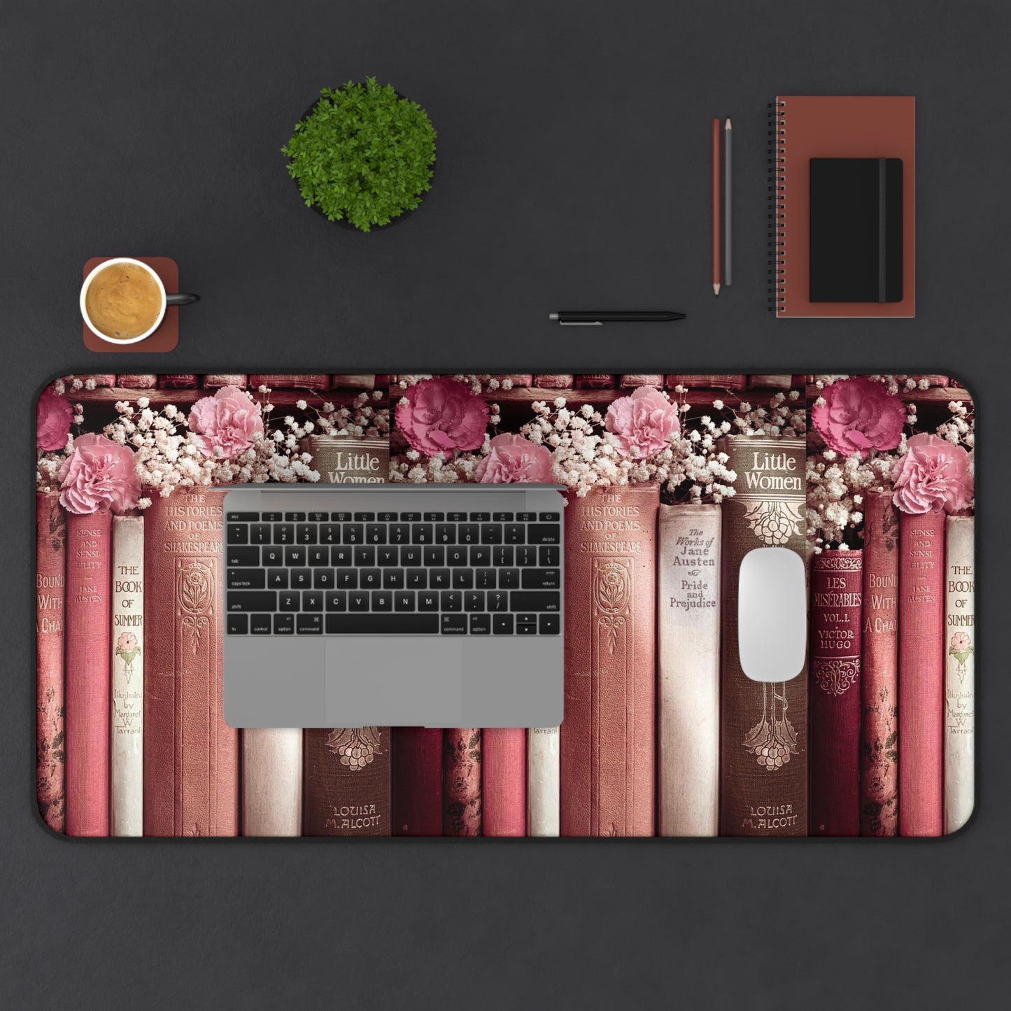 Vintage Book Spine Desk Mat | Pink Floral Bookish Mouse Pad (3 Sizes)