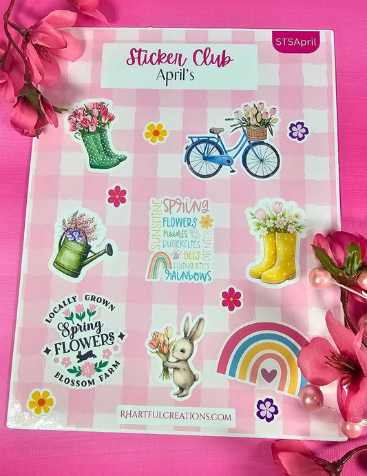 Sheet of spring-themed stickers with flowers, rainbows, and bunnies on a pink background with 'Sticker Club' branding.