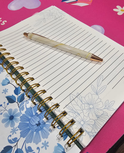 Handmade Hardcover Journal – Make It Happen – 6"x9", Lined Pages, Blue Floral Detail, Gold Corner Protectors