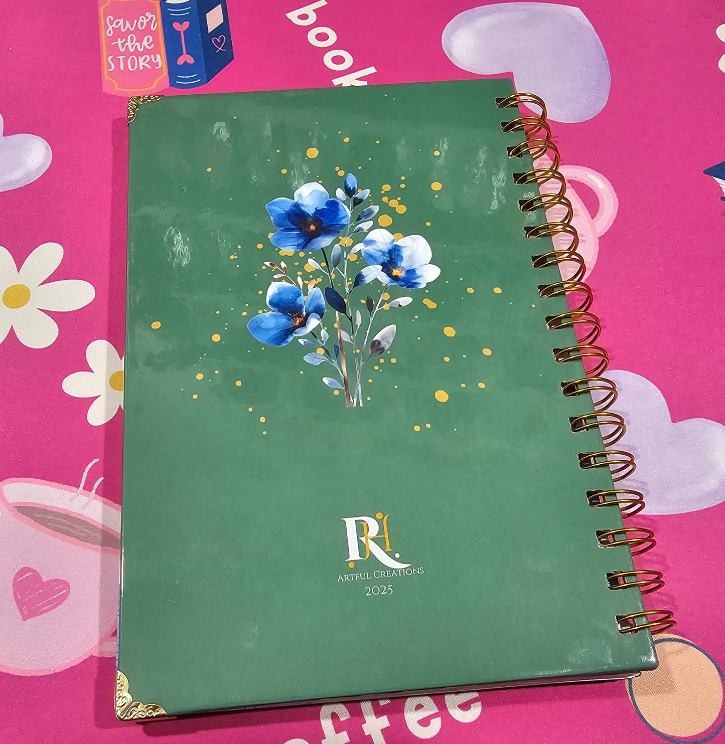 Handmade Hardcover Journal – Make It Happen – 6"x9", Lined Pages, Blue Floral Detail, Gold Corner Protectors