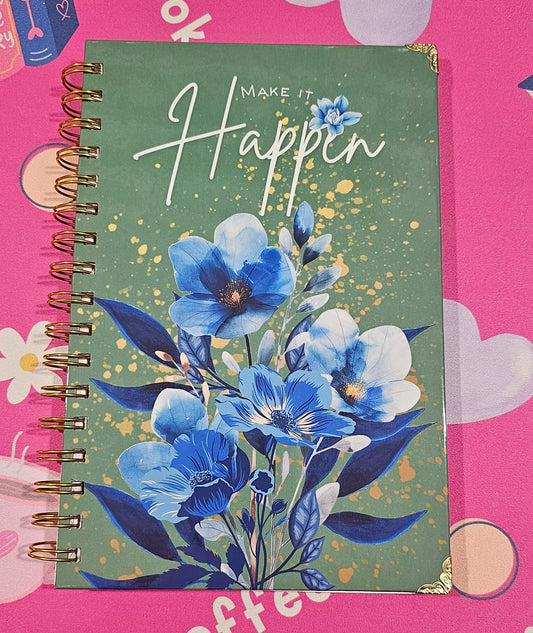 Handmade Hardcover Journal – Make It Happen – 6"x9", Lined Pages, Blue Floral Detail, Gold Corner Protectors