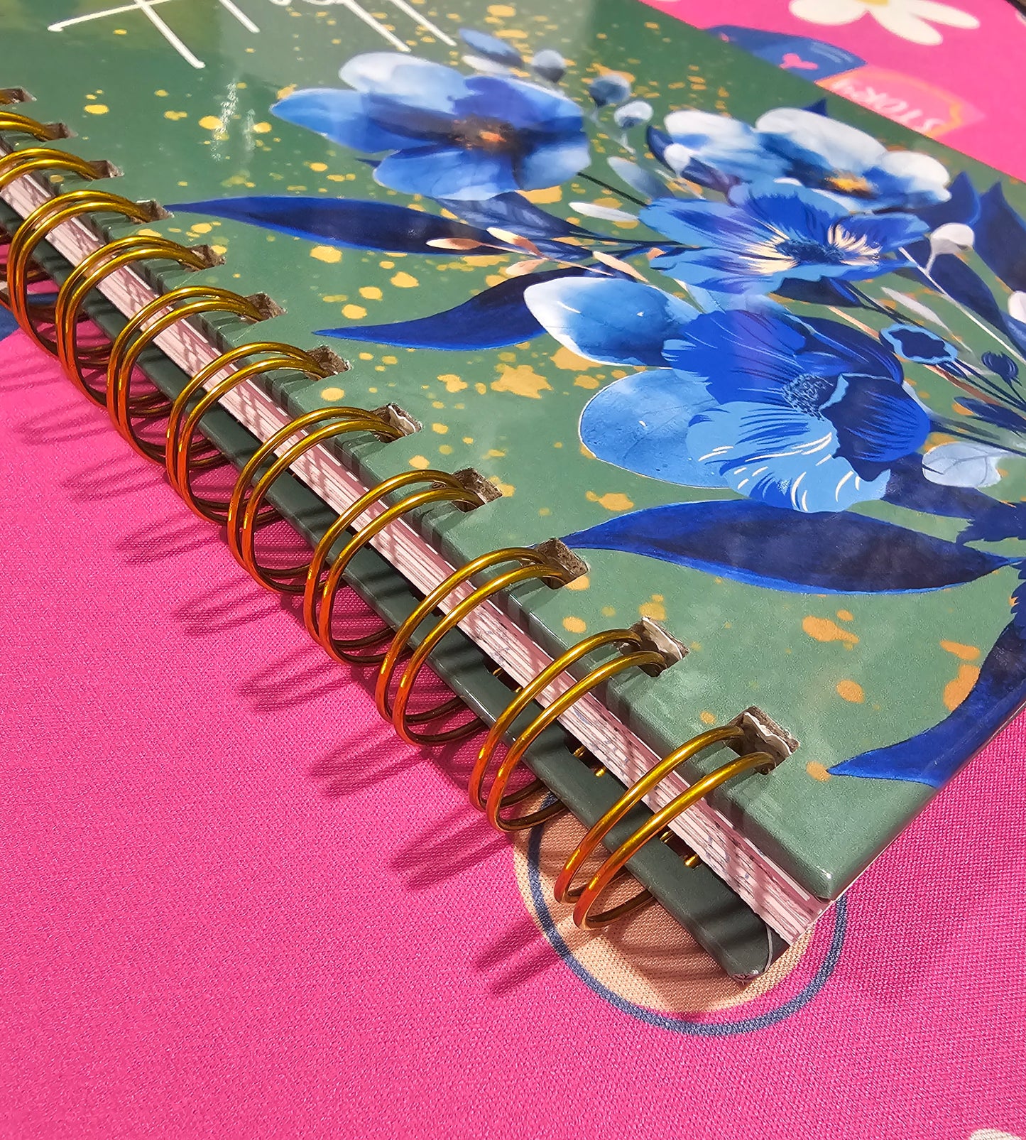 Handmade Hardcover Journal – Make It Happen – 6"x9", Lined Pages, Blue Floral Detail, Gold Corner Protectors