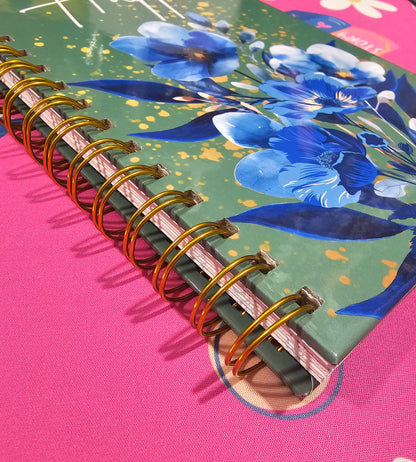 Handmade Hardcover Journal – Make It Happen – 6"x9", Lined Pages, Blue Floral Detail, Gold Corner Protectors