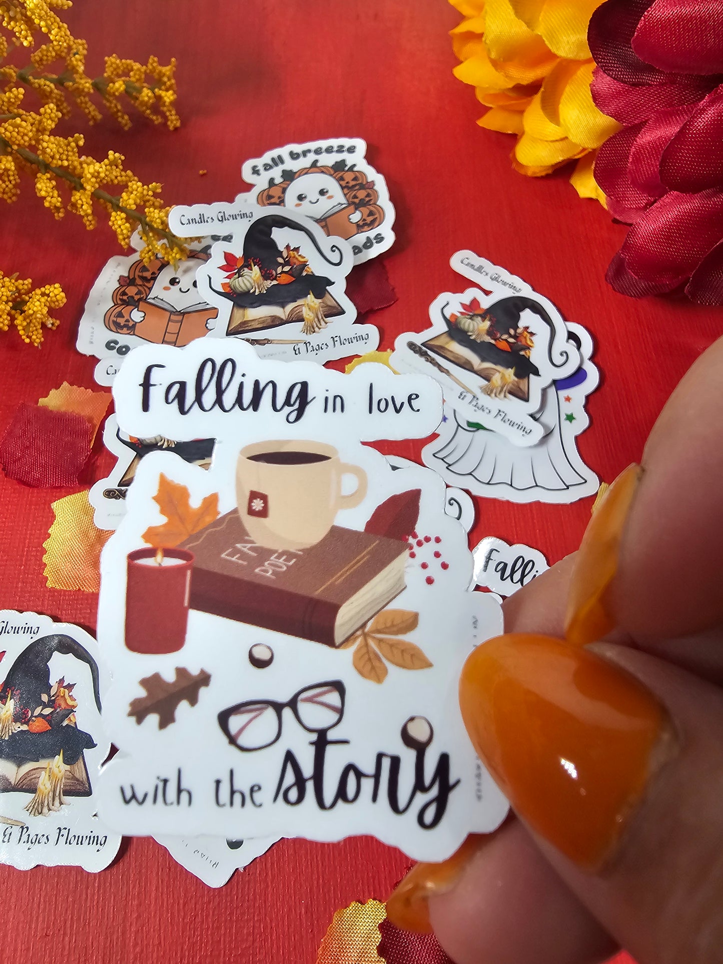 Set of decorative stickers with autumn-themed designs on a red background.
