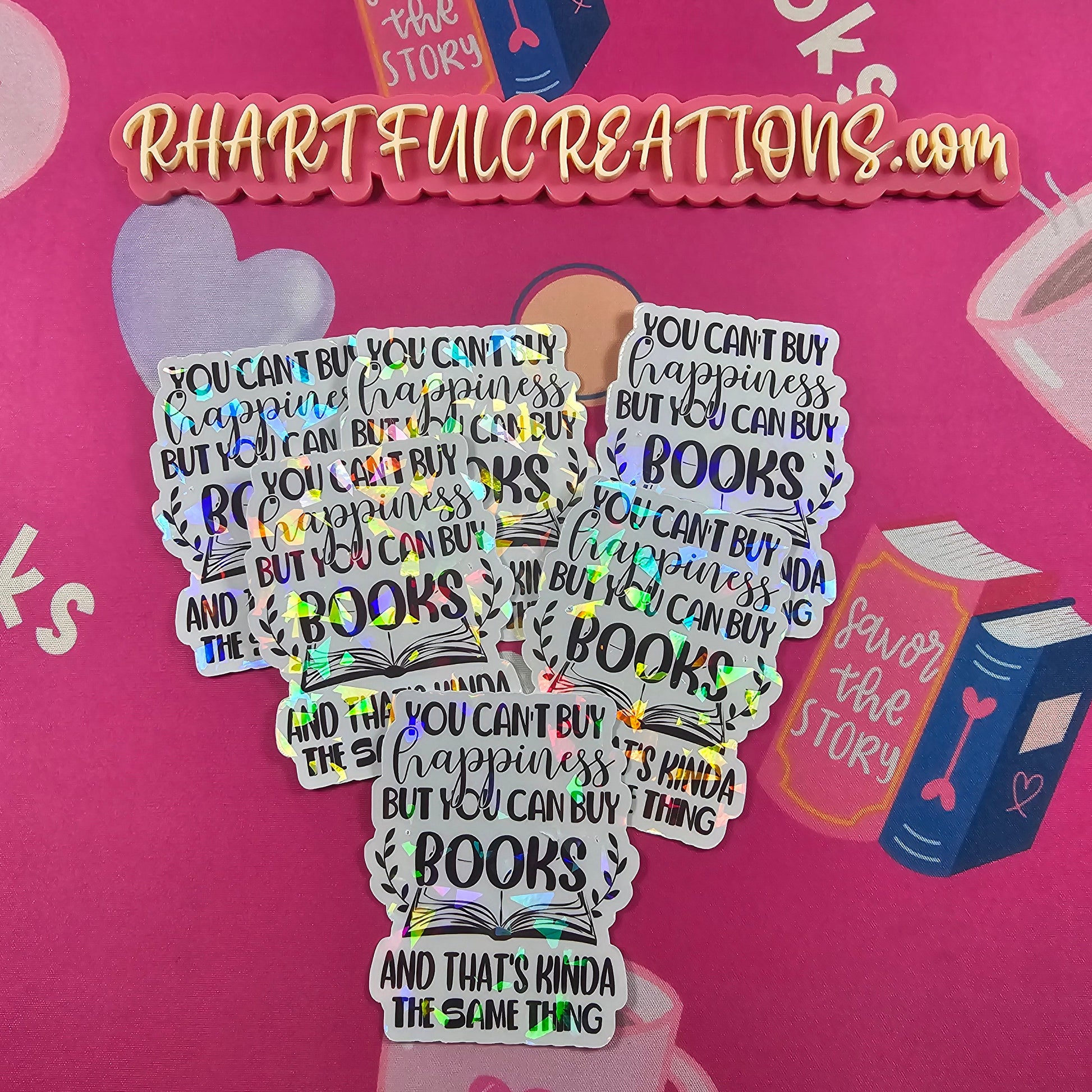 Sticker sheet with text on a pink background with book illustrations