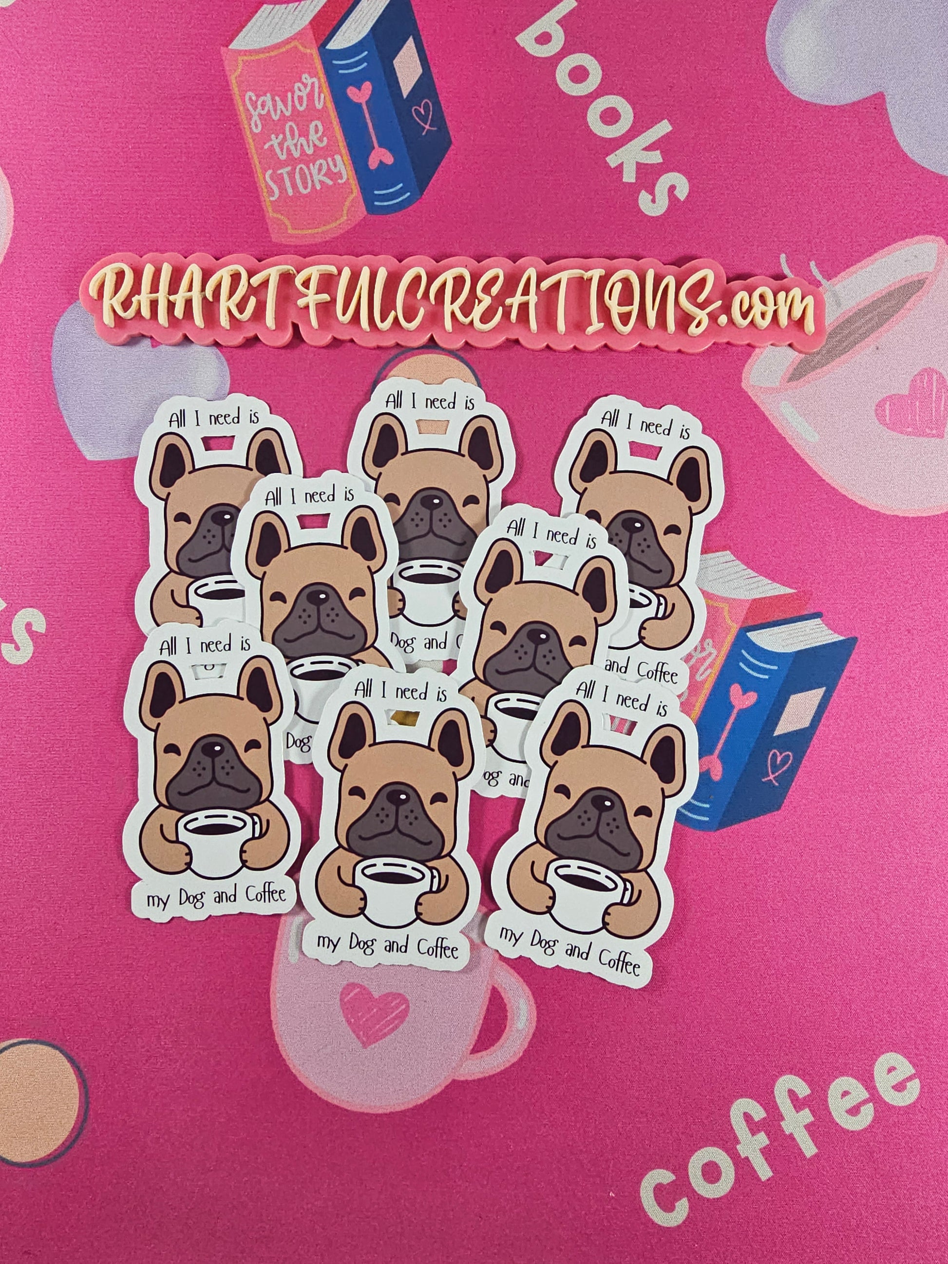 Sticker sheet with dog and coffee design on a pink background with text and graphics.