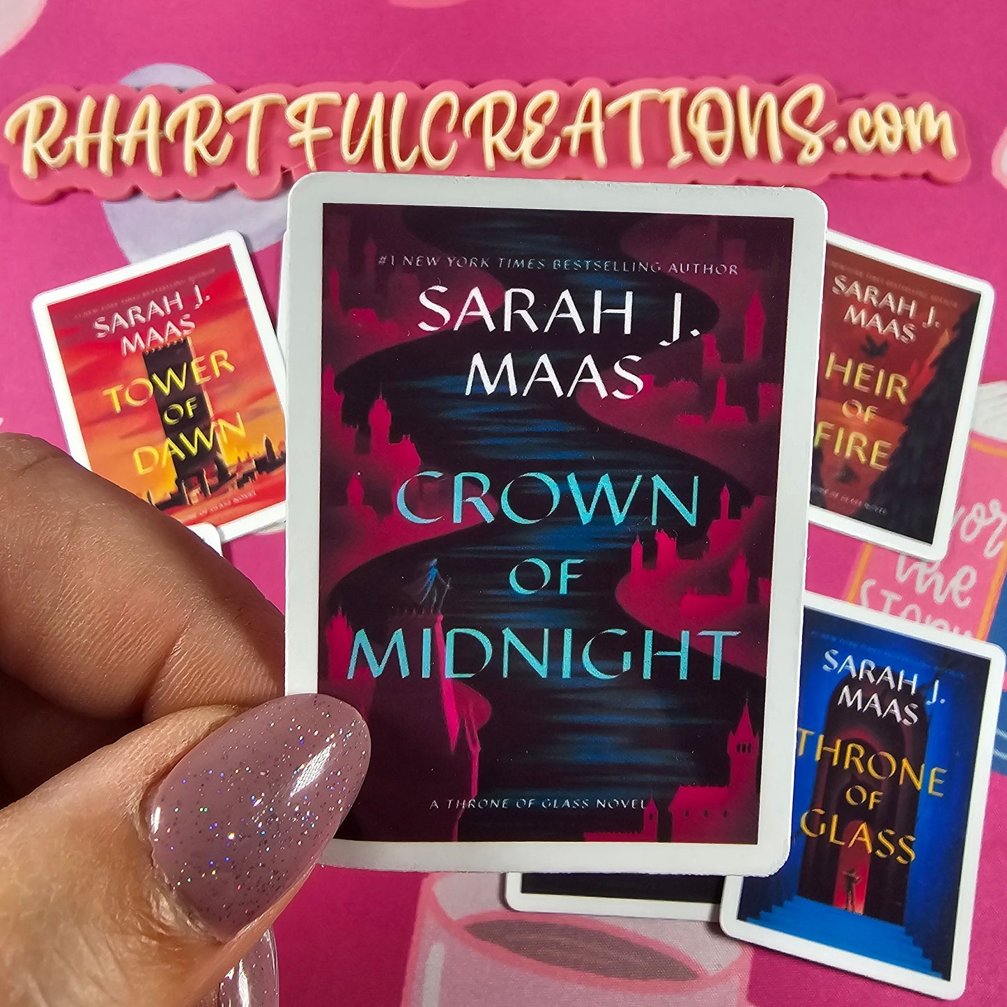 Throne of Glass series book cover stickers displayed in a set. Bright colorful book cover printed by RH Artful Creations.