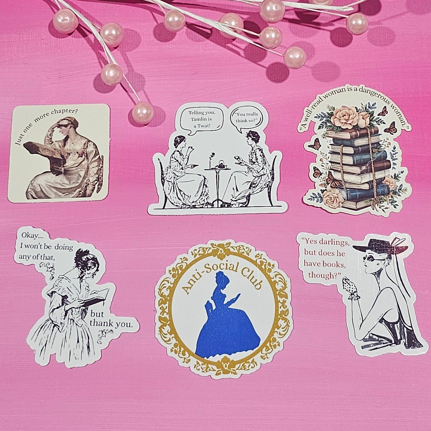 Set of vintage-style stickers on a pink background with decorative elements.