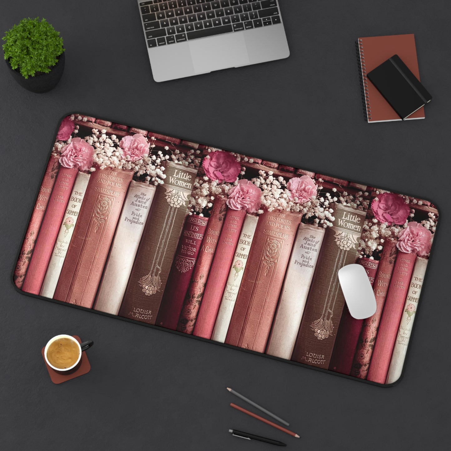 Vintage Book Spine Desk Mat | Pink Floral Bookish Mouse Pad (3 Sizes)