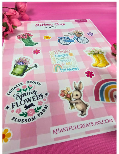 Sheet of spring-themed stickers with various illustrations on a pink background.