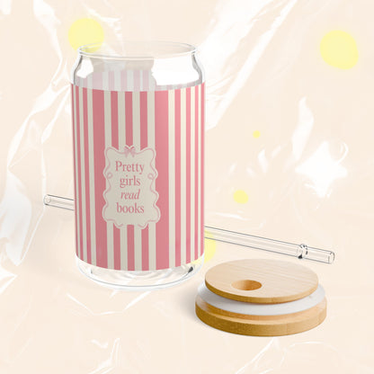 Pretty Girls Read Books Sipper Glass 16oz | Book Lover Can Glass Cup | Bamboo Lid + Straw Option | Bookish Gift | Booktok Drinkware