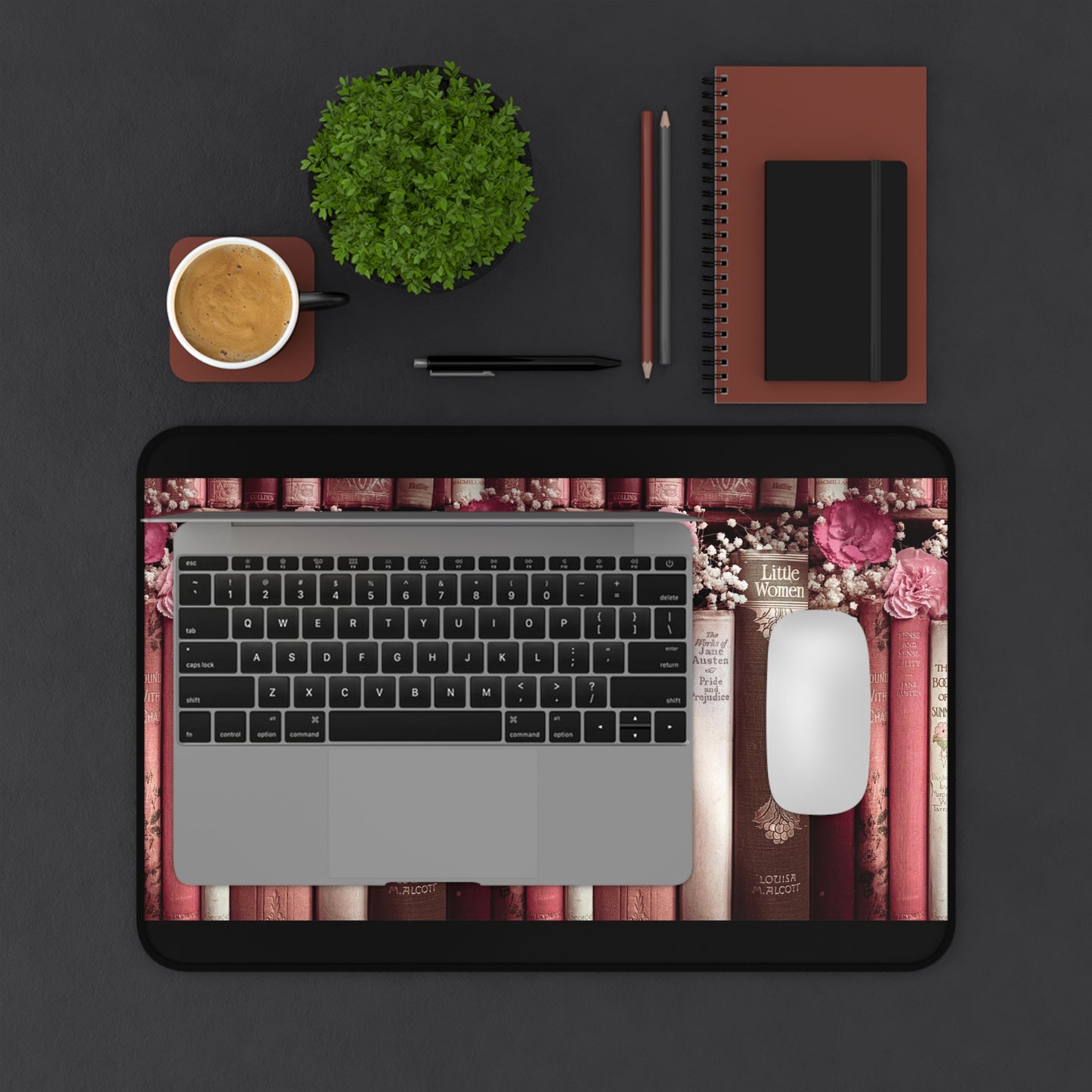 Vintage Book Spine Desk Mat | Pink Floral Bookish Mouse Pad (3 Sizes)
