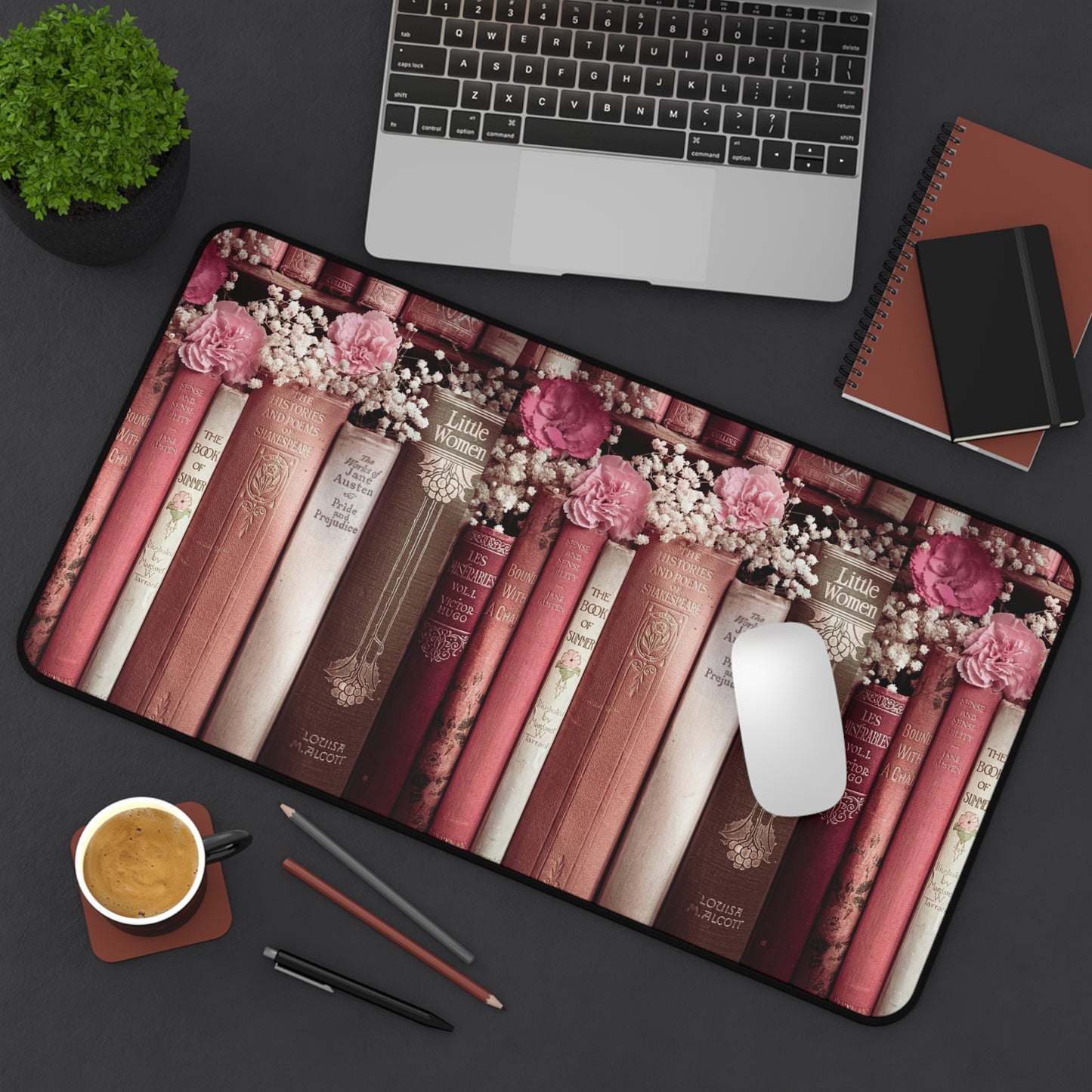 Vintage Book Spine Desk Mat | Pink Floral Bookish Mouse Pad (3 Sizes)
