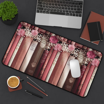 Vintage Book Spine Desk Mat | Pink Floral Bookish Mouse Pad (3 Sizes)