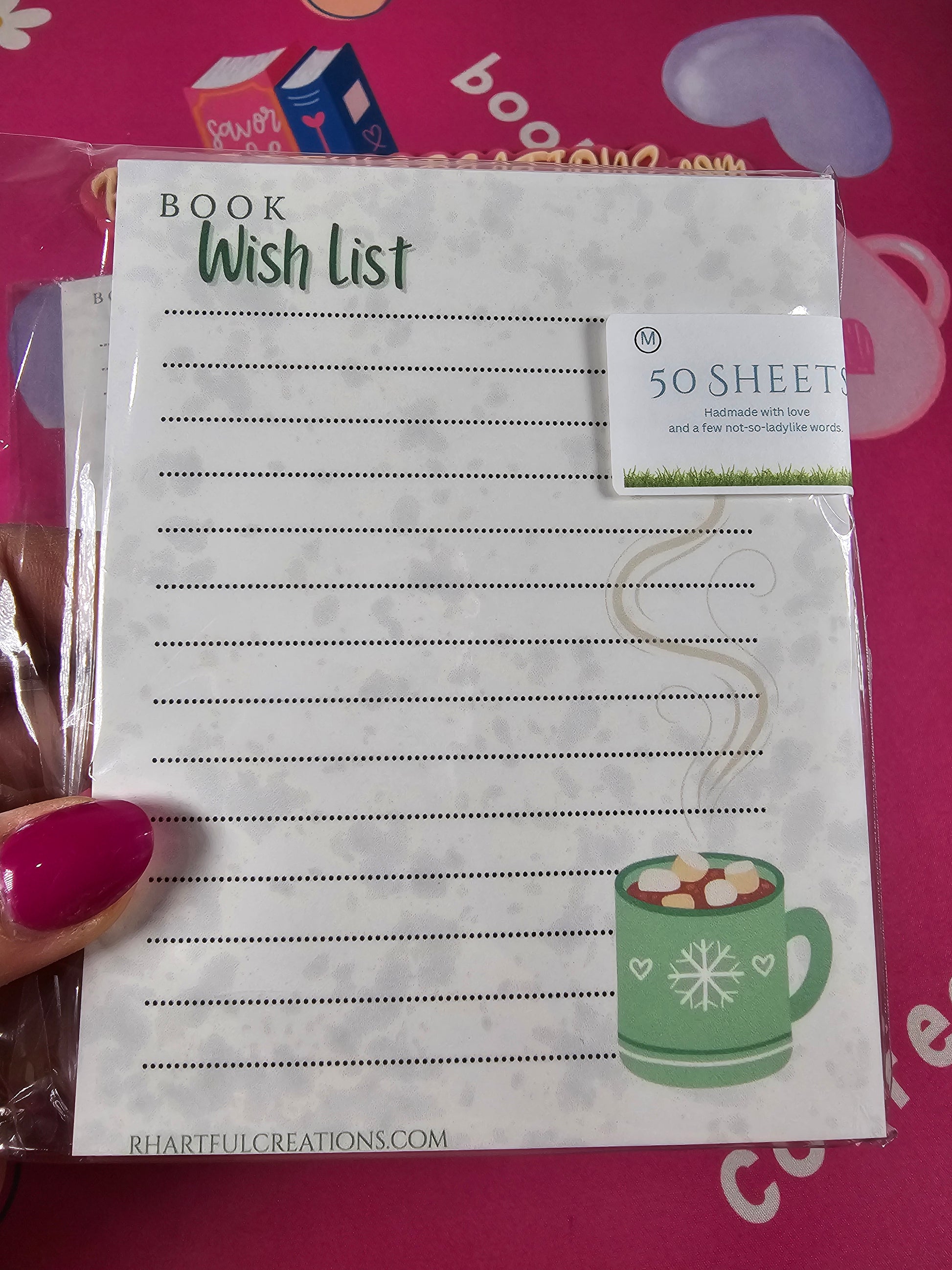 Handmade Book Wish List Notepad with 50 sheets and cozy green cocoa mug illustration