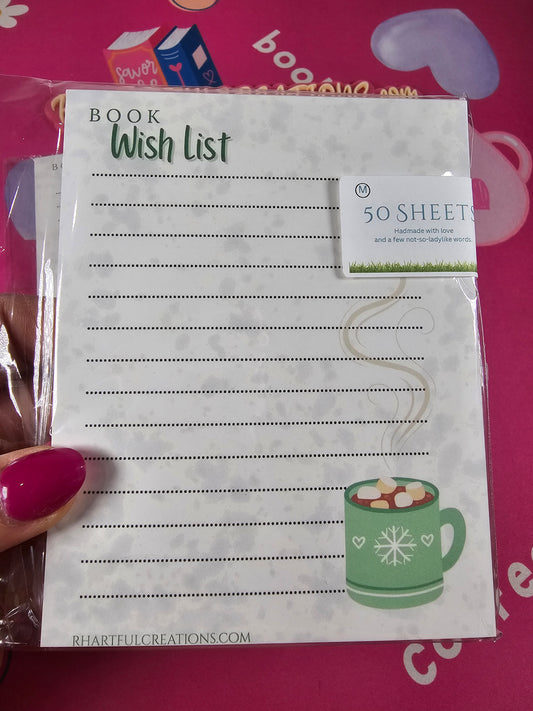 Handmade Book Wish List Notepad with 50 sheets and cozy green cocoa mug illustration