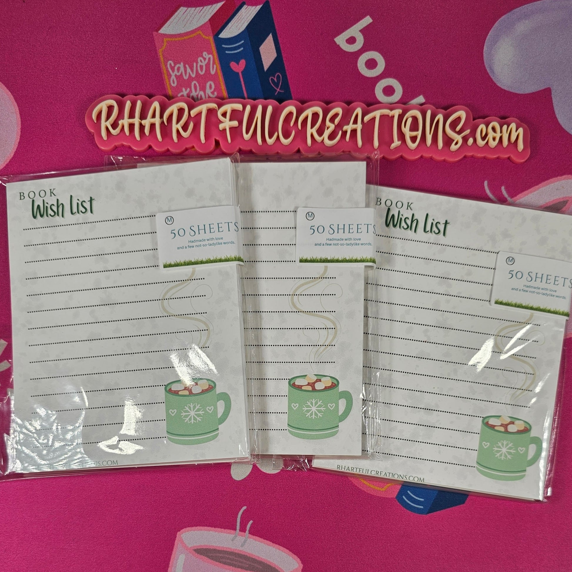 Packaged wish list pads with a pink background and 'RHARTFULCREATIONS.com' branding.