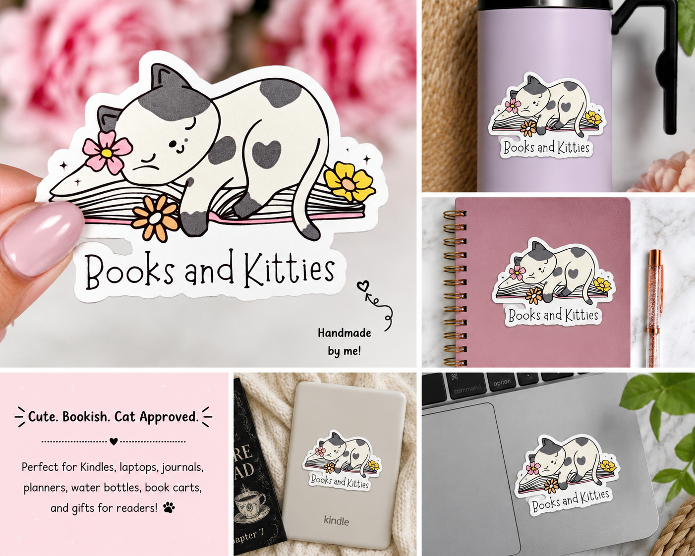 Collage of 'Books and Kitties' merchandise including a sticker, mug, notebook, and Kindle.