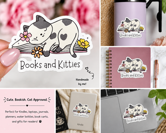 Collage of 'Books and Kitties' merchandise including a sticker, mug, notebook, and Kindle.