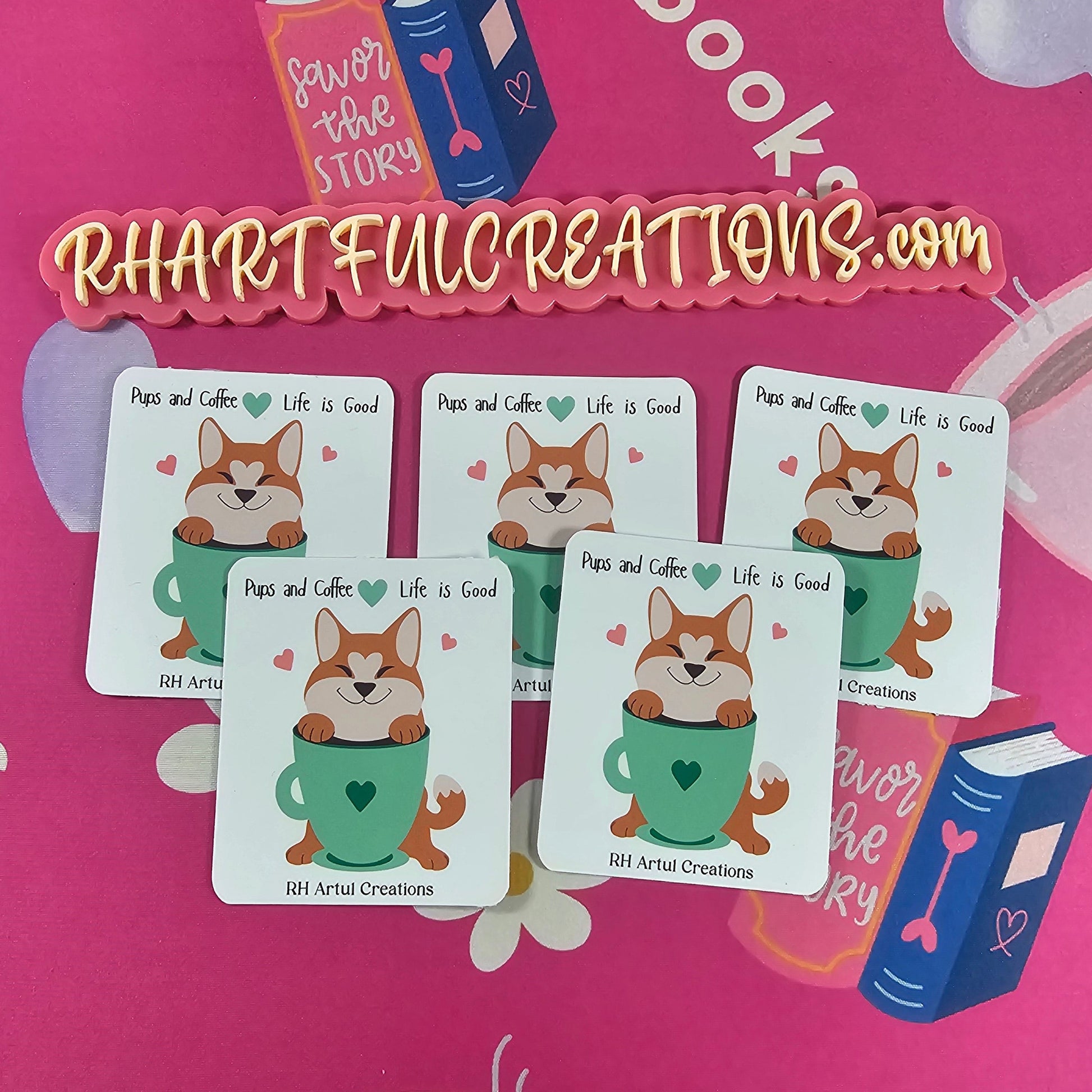 Cute “Pups & Coffee Life Is Good” sticker showing a happy dog inside a green coffee mug, handmade by RH Artful Creations