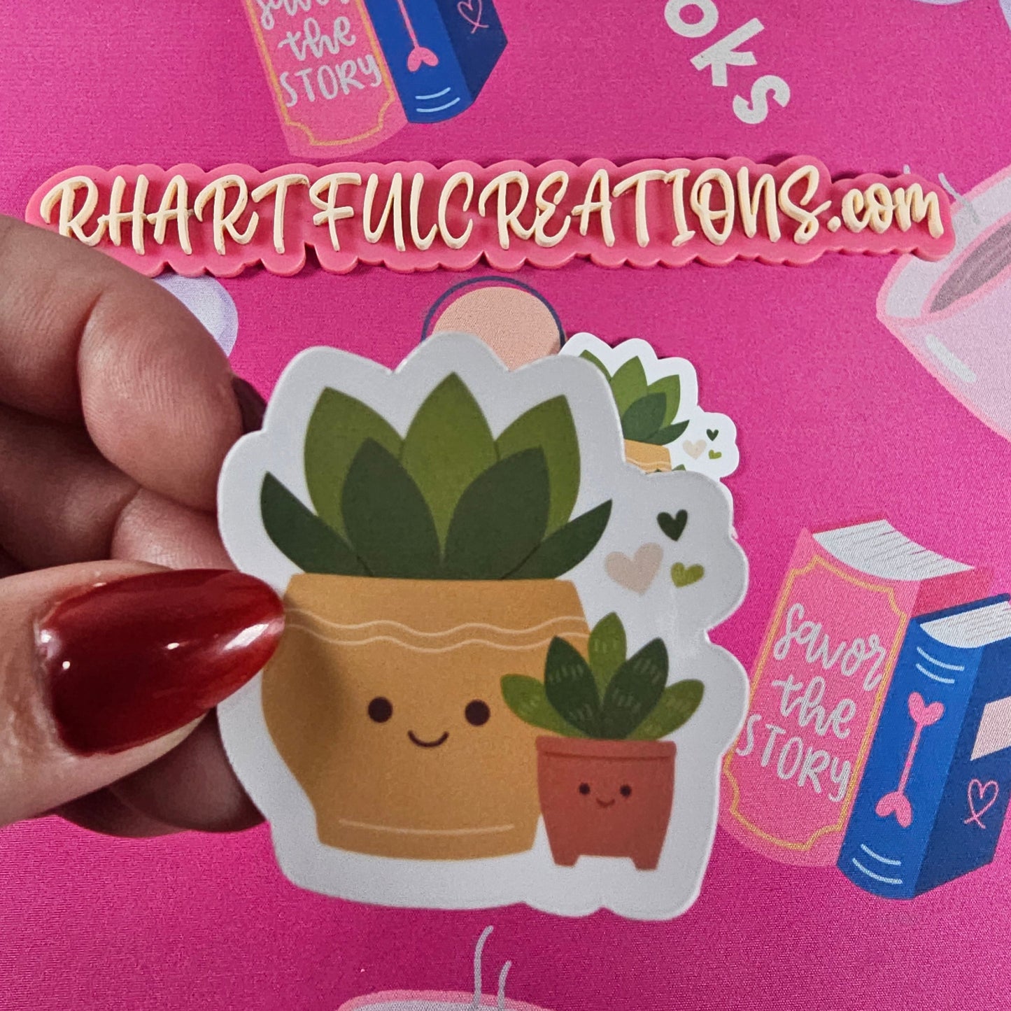 Cute succulent sticker featuring smiling mama and baby potted plants with hearts handmade by RH Artful Creations.