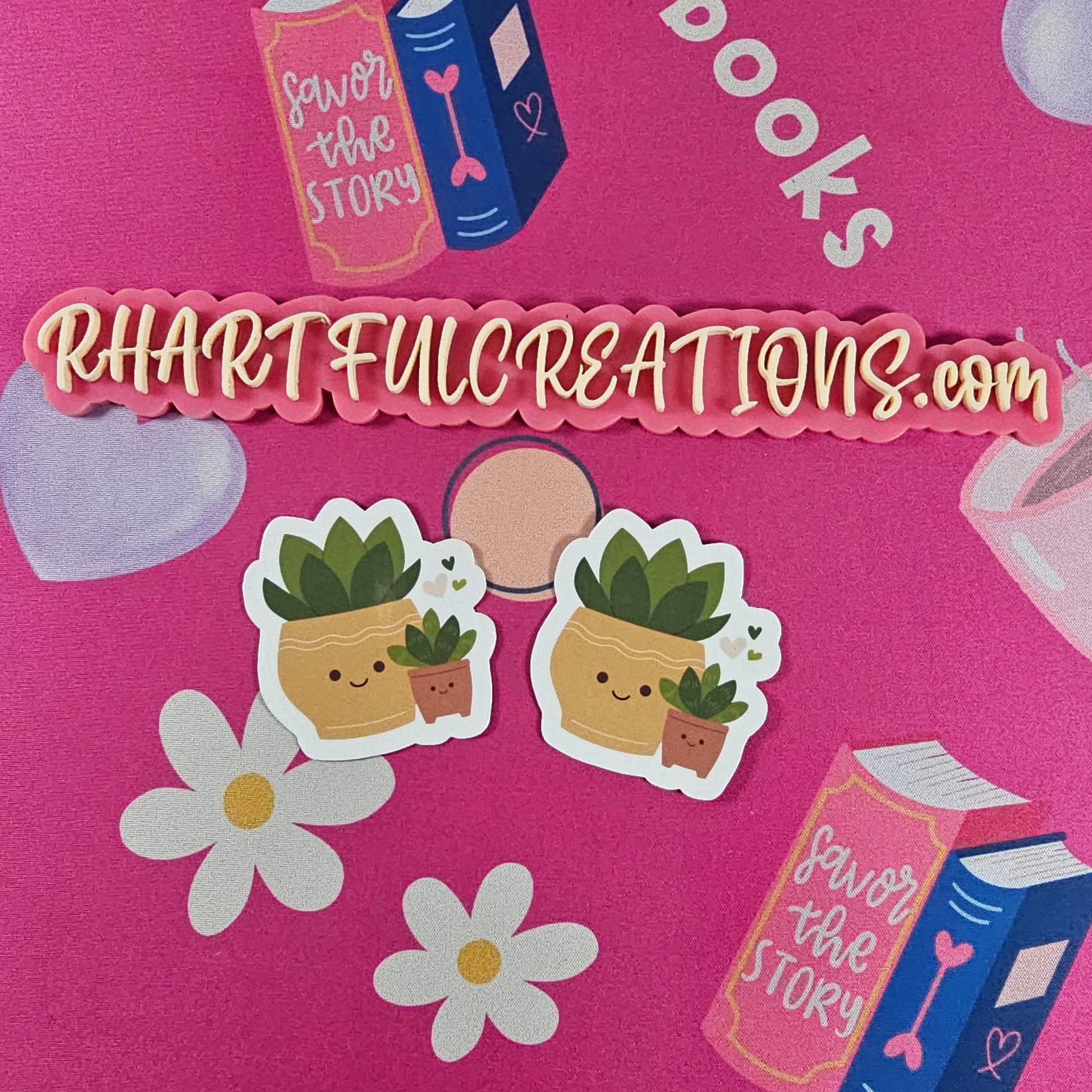 Cute succulent sticker featuring smiling mama and baby potted plants with hearts handmade by RH Artful Creations.
