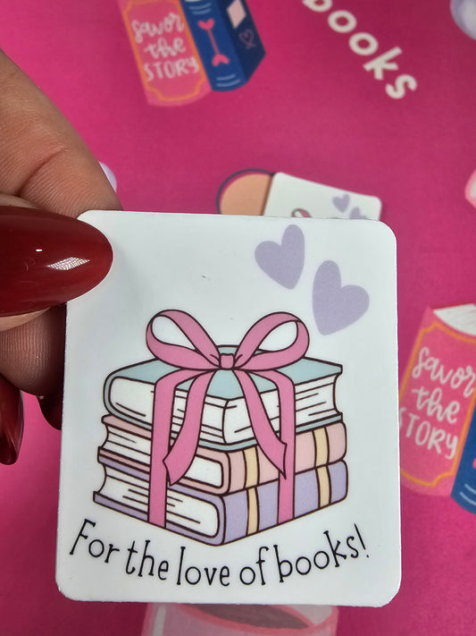 Card with book illustration and 'For the love of books!' text held against a pink background with text and graphics.