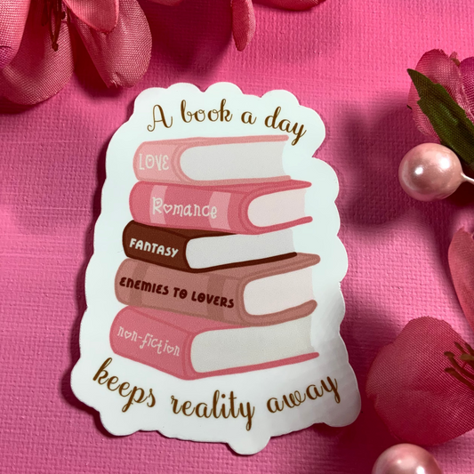 Sticker with book design and text on a pink background with flowers