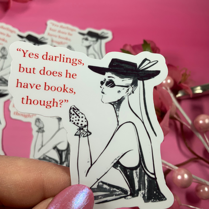 Sticker with a woman in a hat and text on a pink background