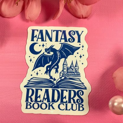 Sticker for Fantasy Readers Book Club on a pink background with flowers