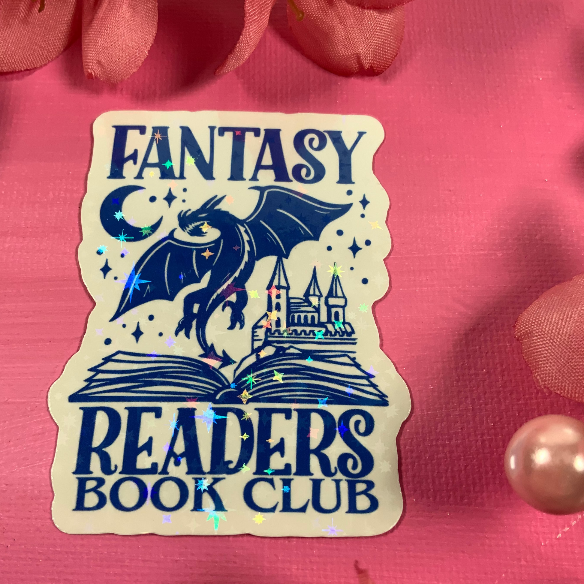 Sticker for 'Fantasy Readers Book Club' on a pink background with flowers.
