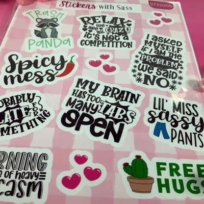 Sheet of humorous stickers with various sayings on a pink background