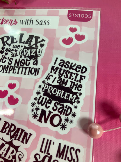 Pack of stickers with humorous text designs on a pink background