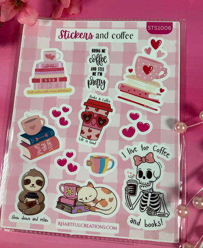 Sticker with Coffee Sticker Sheet | Handmade Bookish Coffee Stickers | Cute Planner Stickers for Readers, Journals & Laptops