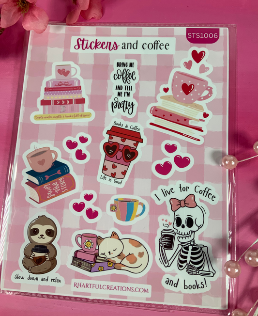 Sticker with Coffee Sticker Sheet | Handmade Bookish Coffee Stickers | Cute Planner Stickers for Readers, Journals & Laptops
