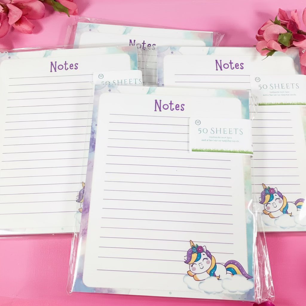 Set of lined notepads with unicorn design on a pink background