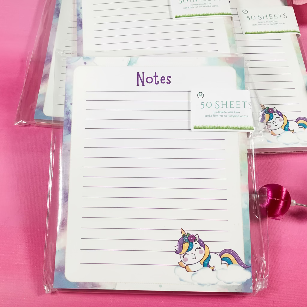 Notebook with unicorn design on a pink background