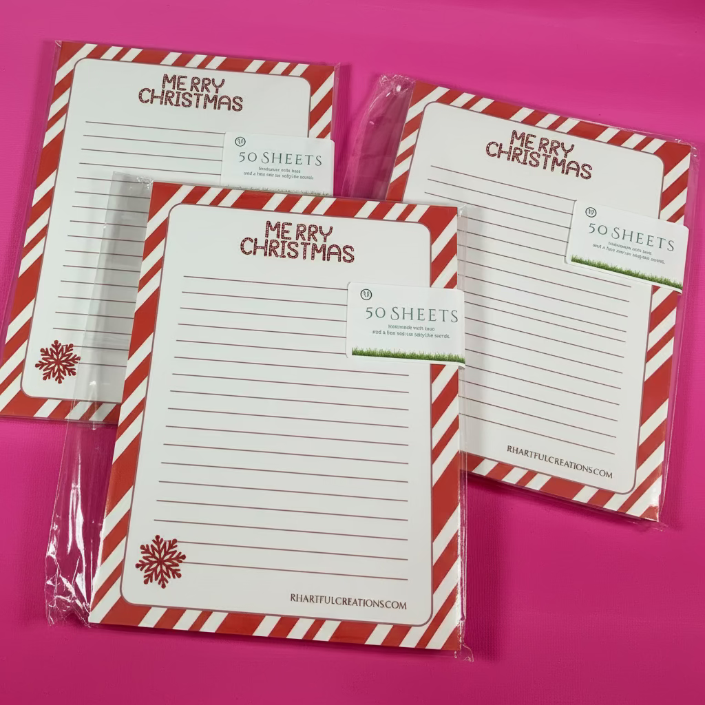 Set of 'Merry Christmas' themed notepads with candy cane design on a pink background