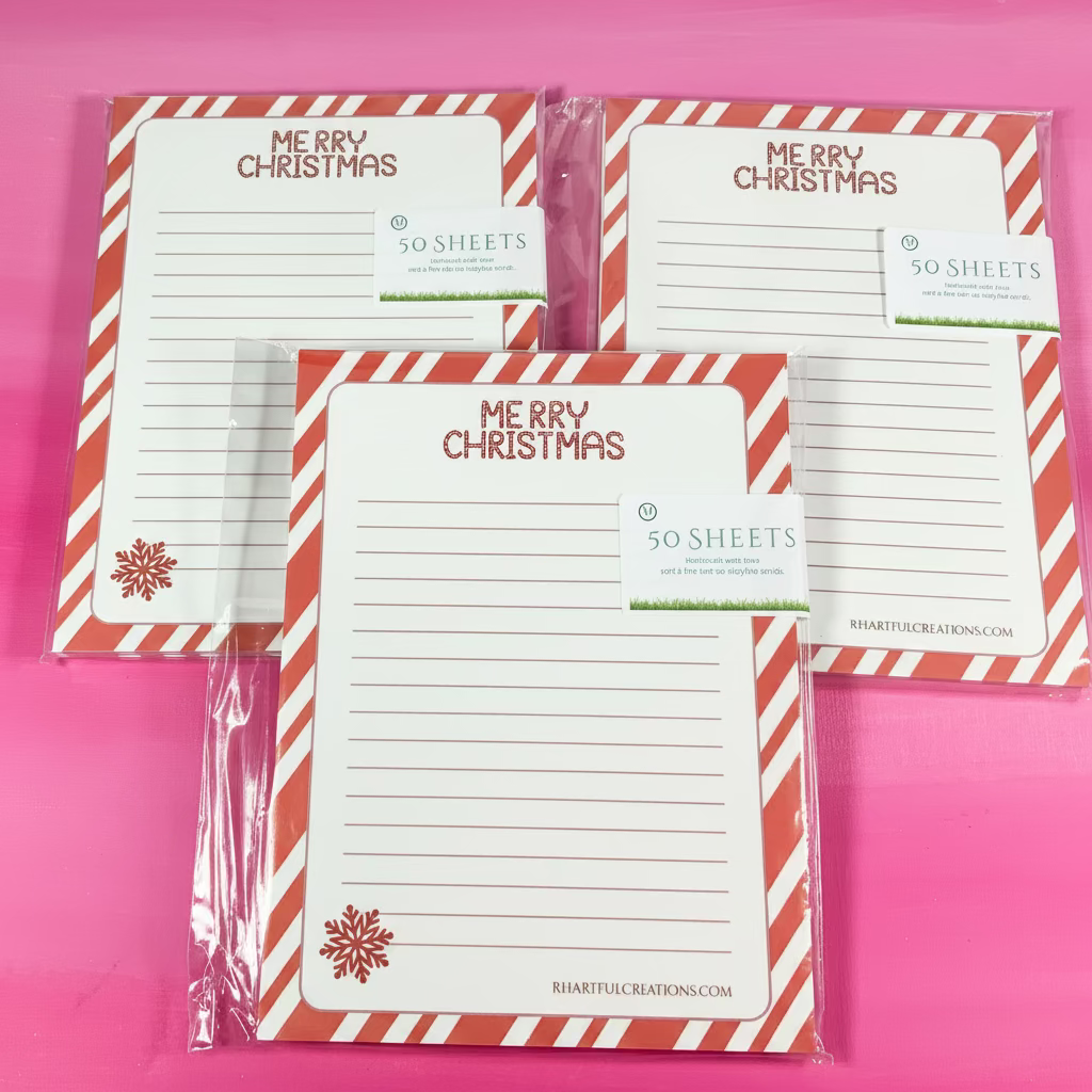Set of Christmas-themed notepads with candy cane design on a pink background