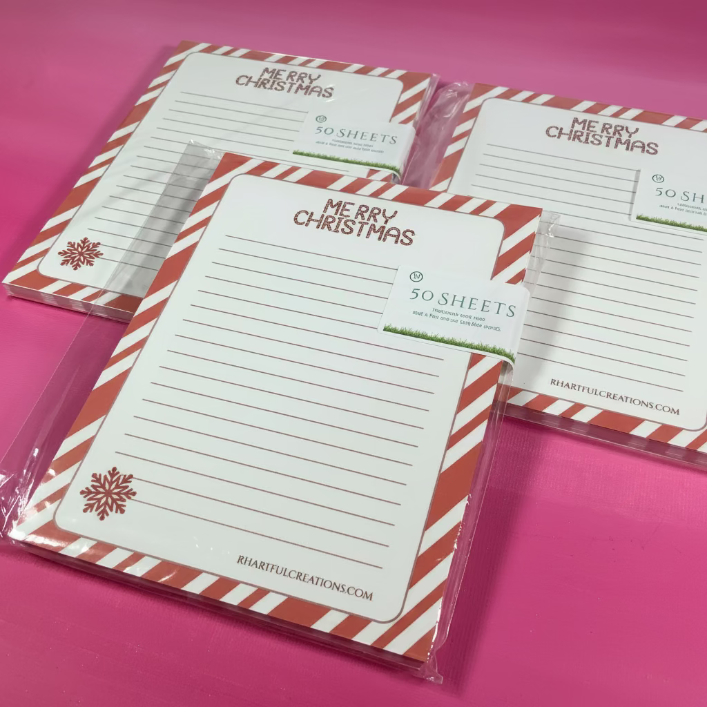 Set of Christmas-themed notepads with red and white striped design on a pink background