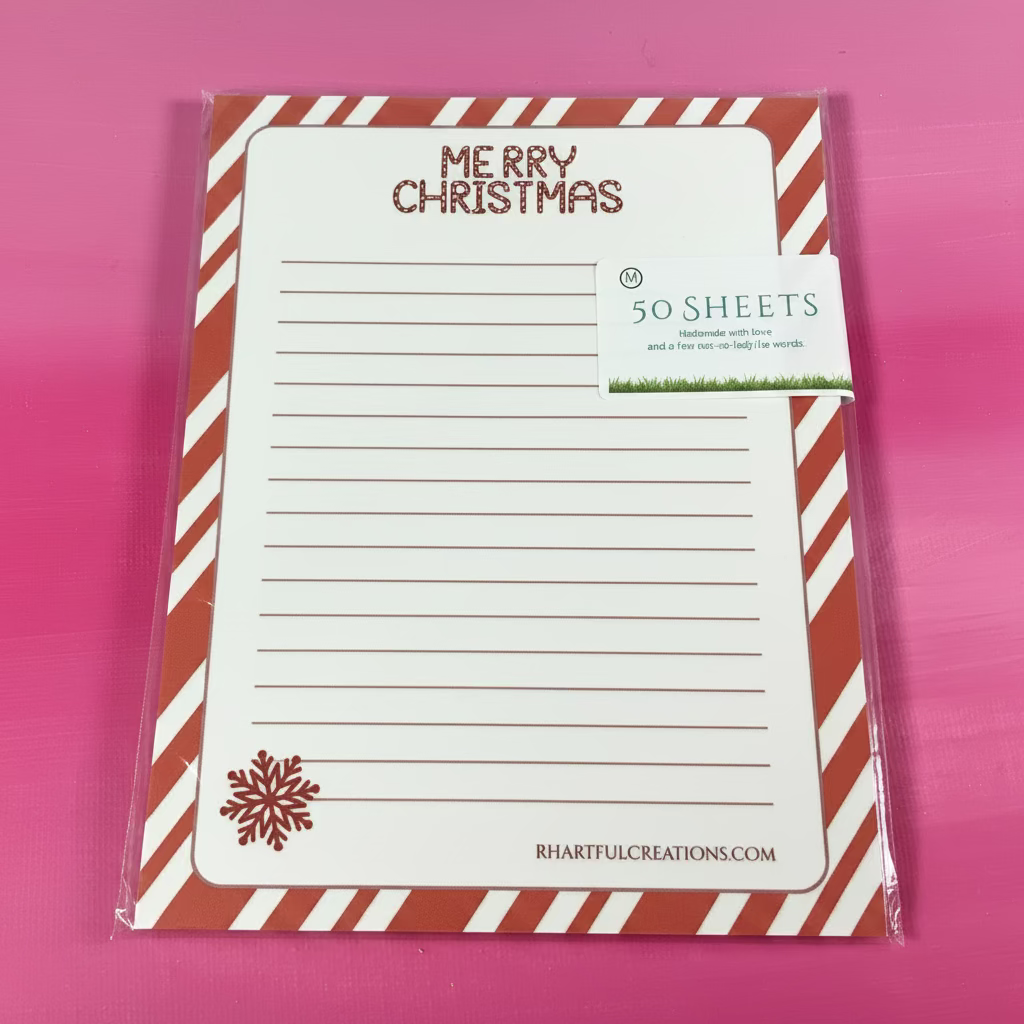 Merry Christmas-themed notepad with candy cane design on a pink background